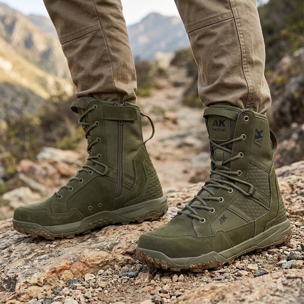 Olive Green lace up combat boots with Mesh