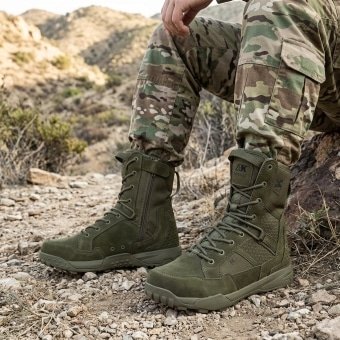 Olive Green lace up combat boots with Mesh